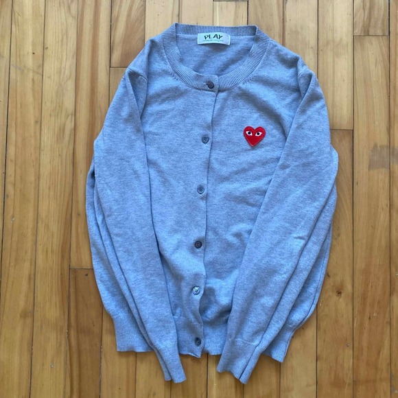 Comme des Garcons PLAY Sweaters - Comme des Garcons PLAY Cardigan Grey Red Heart Logo Button Up Size Medium